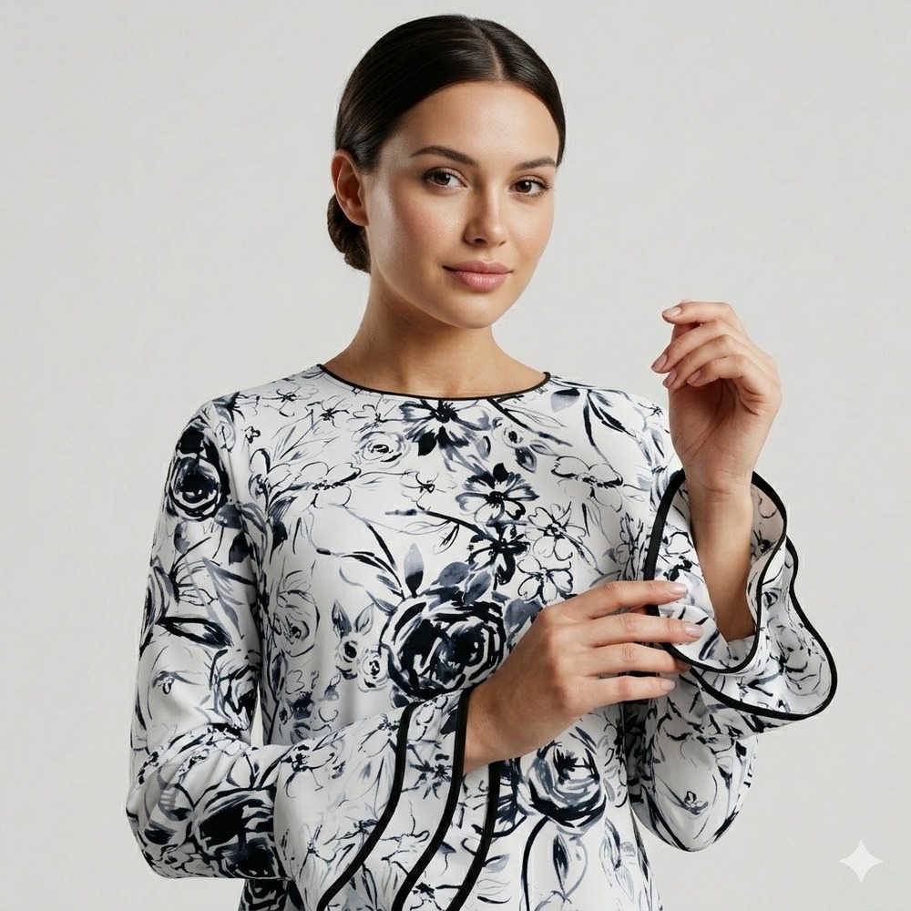 Karl Lagerfeld Paris Womens Floral Bell Sleeve Blouse Black White Pearl Keyhole